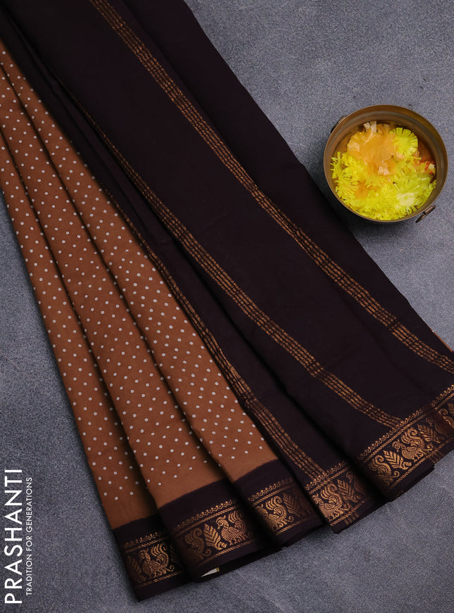Sungudi cotton saree sandal and coffee brown with allover butta prints and zari woven border