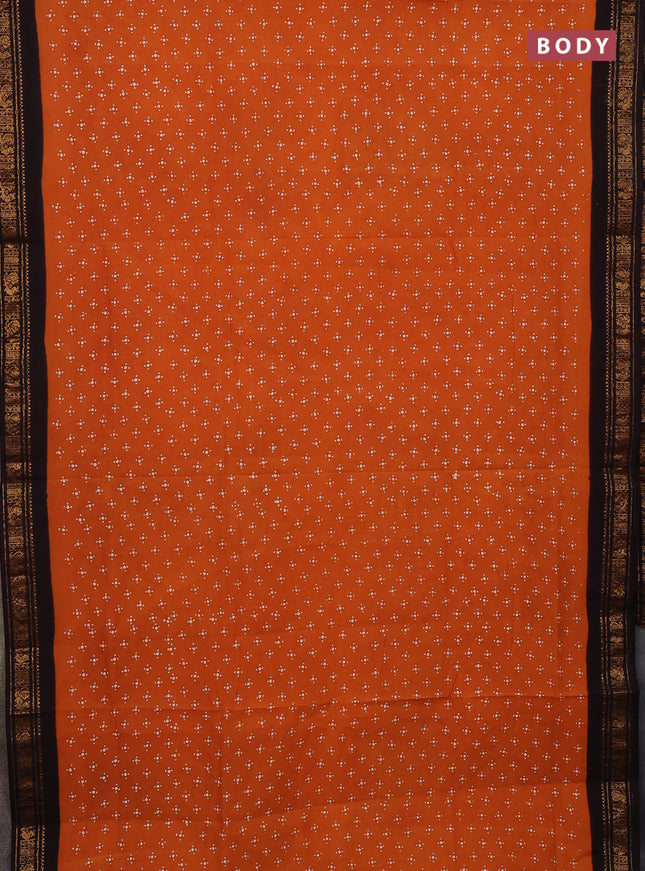 Sungudi cotton saree mustard yellow and coffee brown with allover batik prints and zari woven border