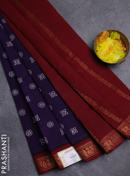 Sungudi cotton saree deep violet and maroon with allover batik prints and zari woven border