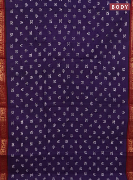 Sungudi cotton saree deep violet and maroon with allover batik prints and zari woven border