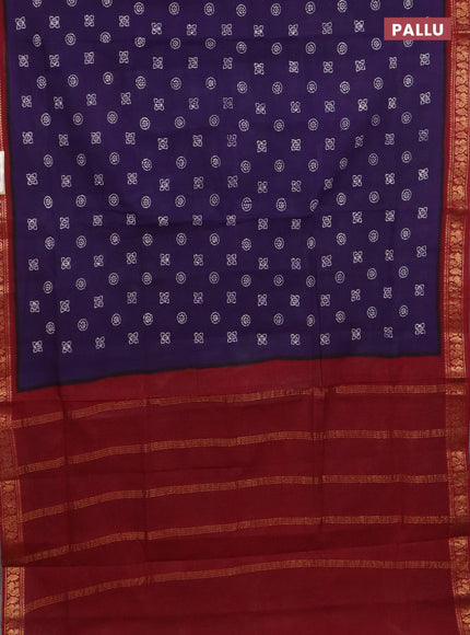Sungudi cotton saree deep violet and maroon with allover batik prints and zari woven border