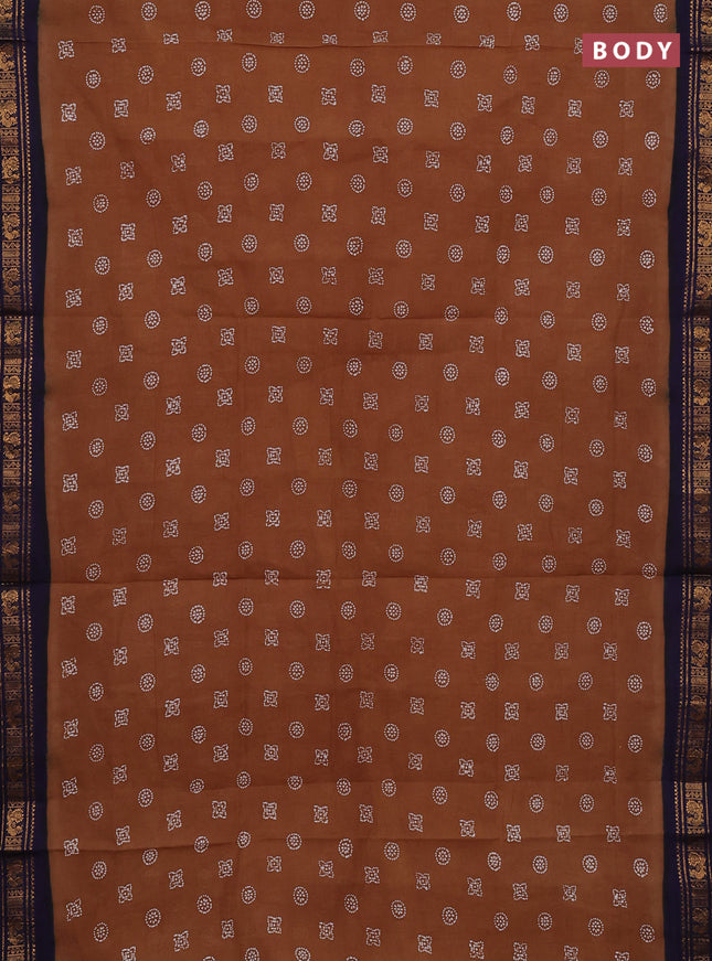 Sungudi cotton saree dark sandal and navy blue with allover batik prints and zari woven border