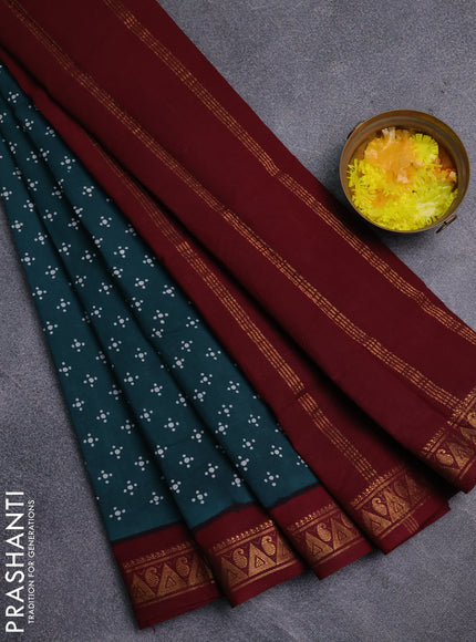 Sungudi cotton saree peacock green and maroon with allover batik prints and zari woven border