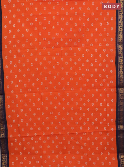 Sungudi cotton saree orange and navy blue with allover batik prints and zari woven border