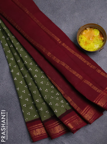 Sungudi cotton saree mehendi green and maroon with allover batik prints and zari woven border