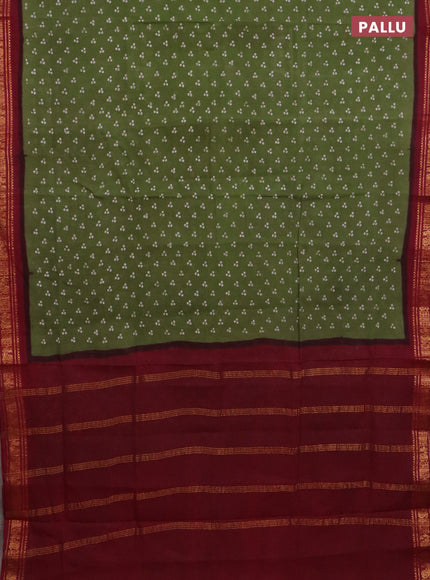 Sungudi cotton saree mehendi green and maroon with allover batik prints and zari woven border