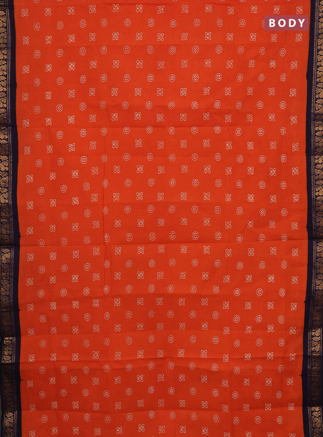 Sungudi cotton saree orange and navy blue with allover batik prints and zari woven border