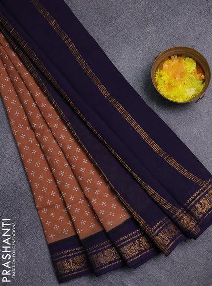 Sungudi cotton saree dark sandal and navy blue with allover butta prints and zari woven border