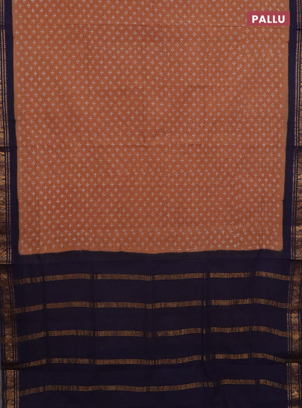 Sungudi cotton saree dark sandal and navy blue with allover butta prints and zari woven border