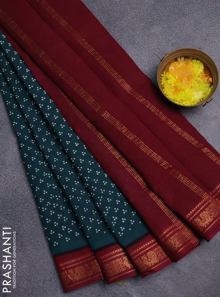 Sungudi cotton saree peacock green and maroon with allover butta prints and zari woven border