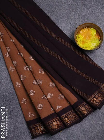 Sungudi cotton saree dark sandal and wine shade with allover batik prints and zari woven border