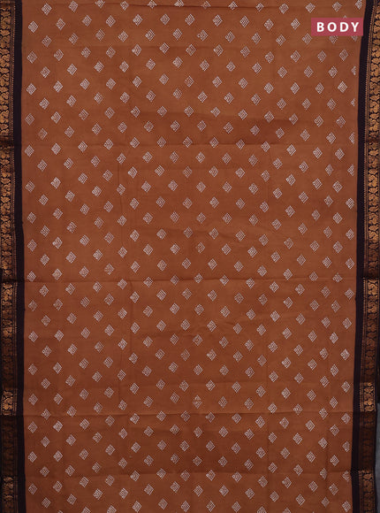 Sungudi cotton saree dark sandal and wine shade with allover batik prints and zari woven border