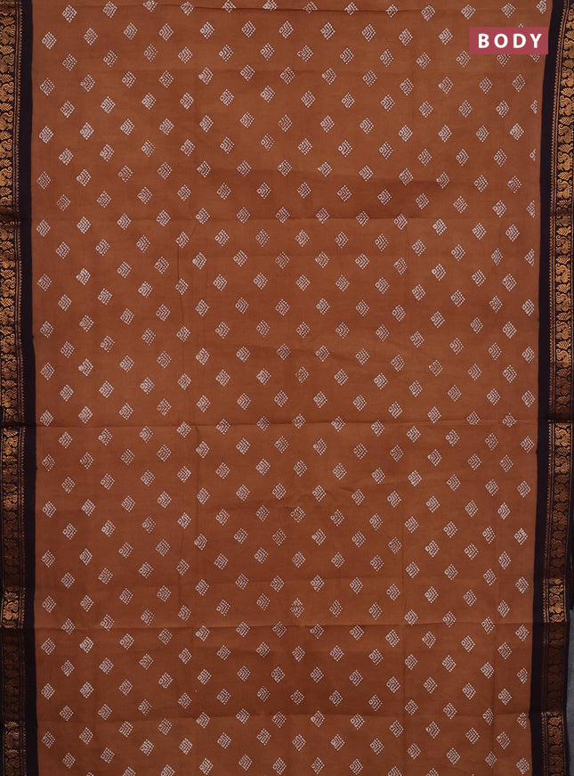 Sungudi cotton saree dark sandal and wine shade with allover batik prints and zari woven border