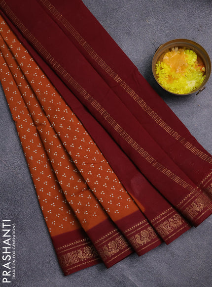 Sungudi cotton saree dark mustard and deep maroon with allover butta prints and zari woven border