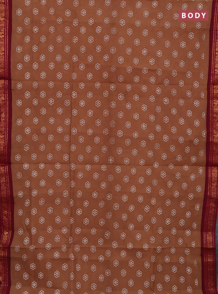 Sungudi cotton saree brown and maroon with allover batik prints and zari woven border
