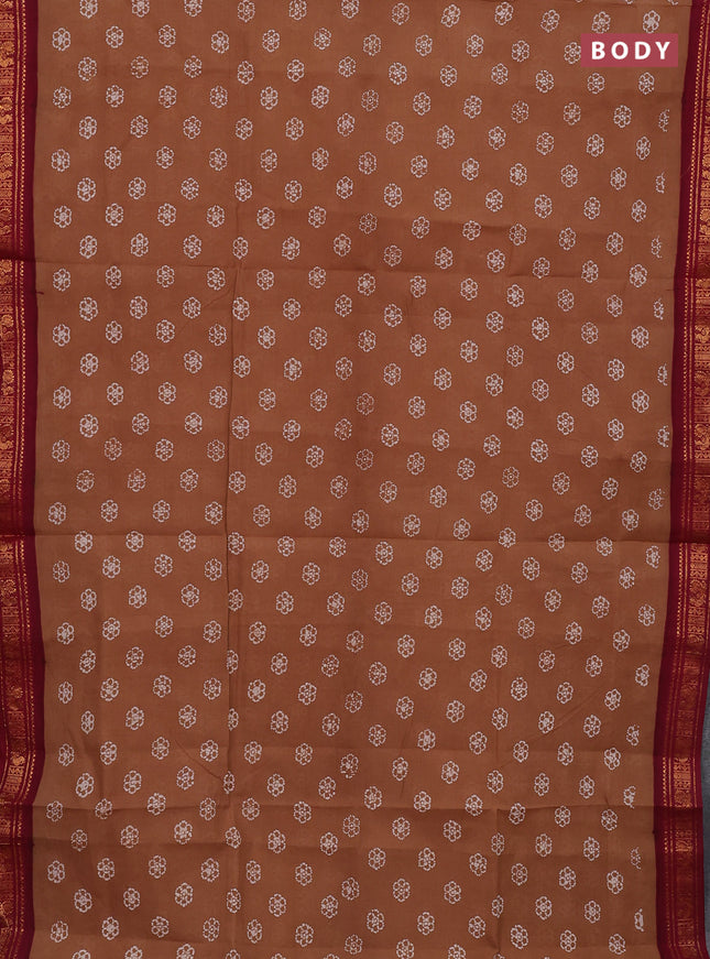 Sungudi cotton saree brown and maroon with allover batik prints and zari woven border
