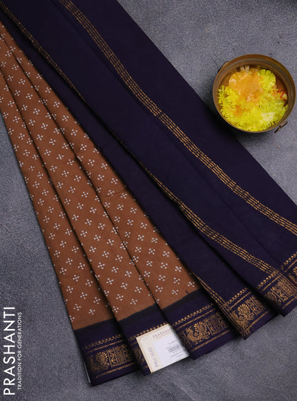 Sungudi cotton saree dark sandal and navy blue with allover butta prints and zari woven border