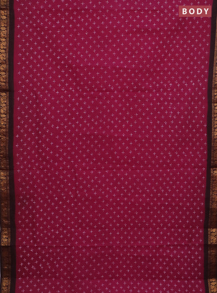 Sungudi cotton saree magenta pink and coffee brown with allover batik prints and zari woven border