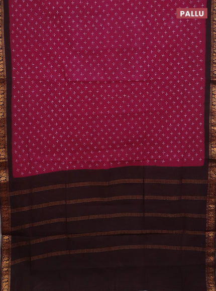 Sungudi cotton saree magenta pink and coffee brown with allover batik prints and zari woven border