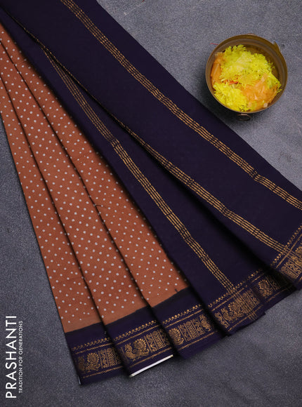 Sungudi cotton saree sandal and navy blue with allover butta prints and zari woven border