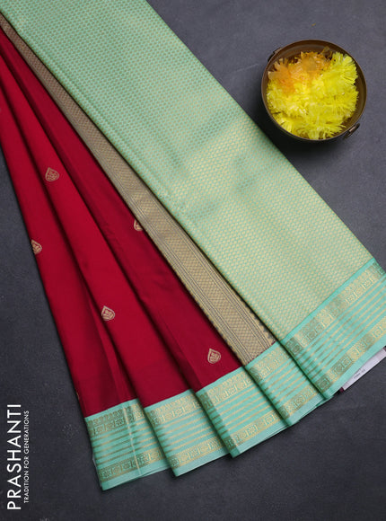 Semi kanchipuram silk saree red and teal green shade with zari woven buttas and zari woven korvai border
