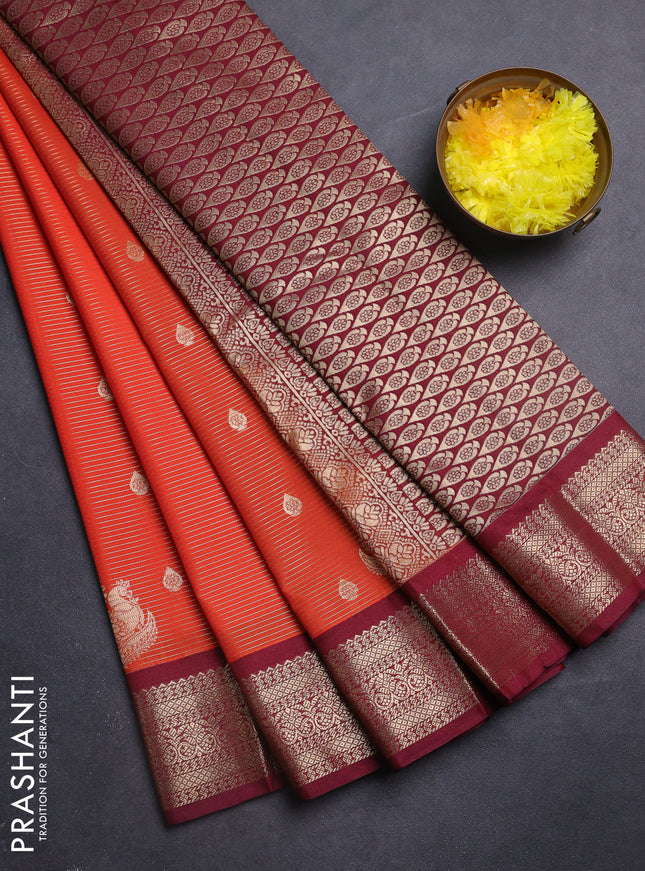 Semi kanchipuram silk saree orange and wine shade with allover zari weaves & buttas and zari woven korvai border