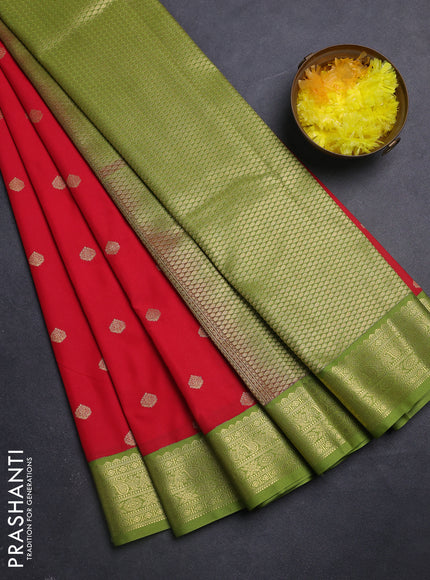 Semi kanchipuram silk saree red and light green with allover zari woevn buttas and zari woven border