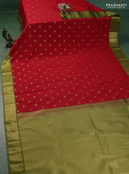 Semi kanchipuram silk saree red and light green with allover zari woevn buttas and zari woven border