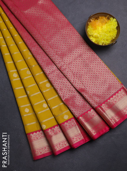 Semi kanchipuram silk saree mango yellow and pink with allover zari weaves & buttas and zari woven korvai border