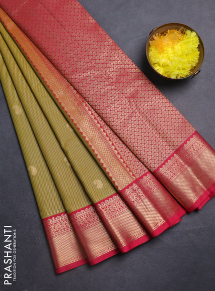 Semi kanchipuram silk saree mustard green and pink with allover small zari checks & buttas and zari woven korvai border