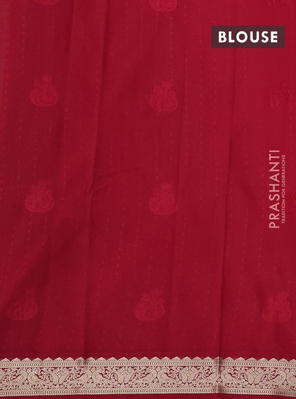 Semi kanchipuram silk saree teal green and red with allover zari woven butta weaves and zari woven korvai border