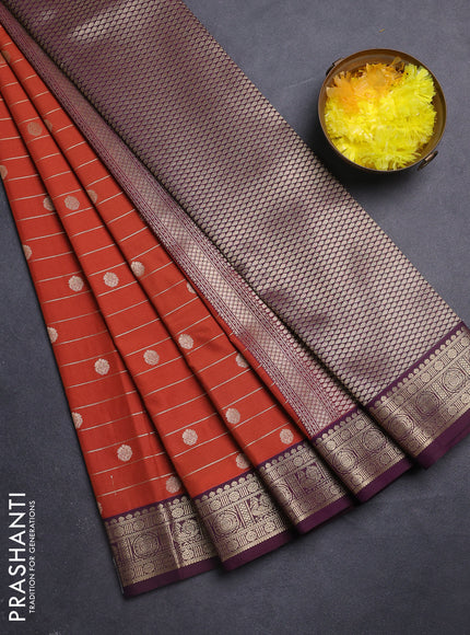 Semi kanchipuram silk saree rust shade and wine shade with allover zari weaves & buttas and zari woven korvai border