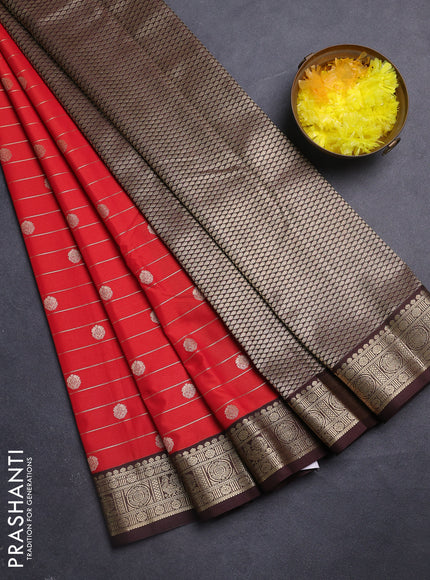 Semi kanchipuram silk saree red and coffee brown with allover zari weaves & buttas and zari woven korvai border
