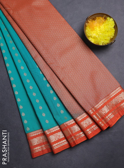 Semi kanchipuram silk saree teal blue and orange with allover zari woevn buttas and zari woven korvai border