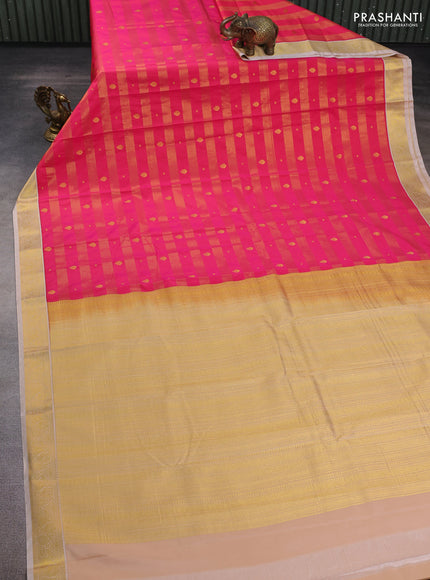 Semi kanchipuram silk saree pink and sandal with allover zari weaves & buttas and zari woven korvai border