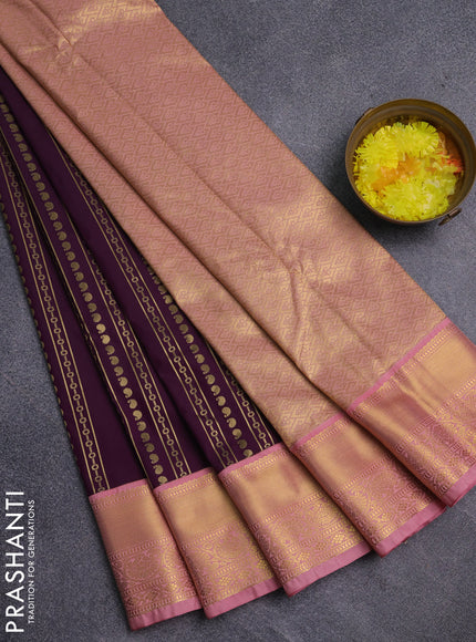 Semi kanchipuram silk saree purple and peach pink with allover zari weaves & buttas and zari woven korvai border