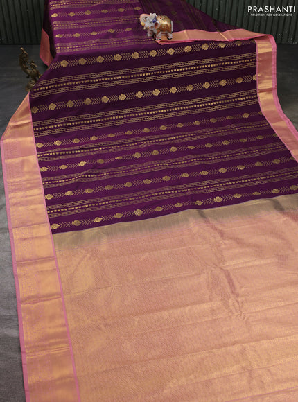 Semi kanchipuram silk saree purple and peach pink with allover zari weaves & buttas and zari woven korvai border