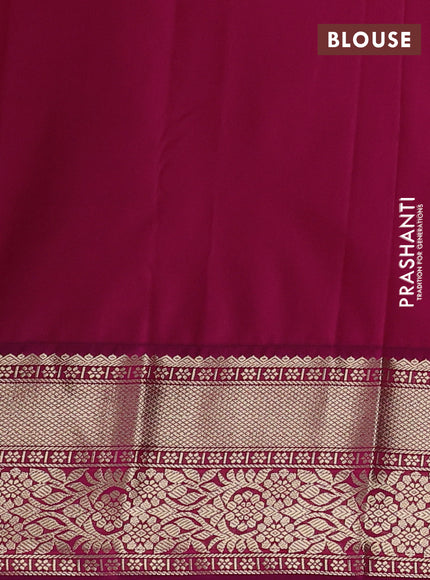 Semi kanchipuram silk saree mango yellow and purple with zari woven buttas and zari woven korvai border