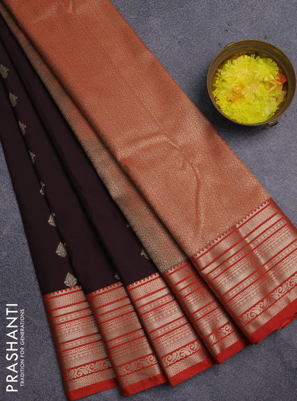 Semi kanchipuram silk saree coffee brown and orange with zari woven buttas and zari woven korvai border