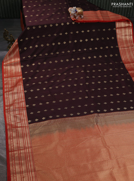Semi kanchipuram silk saree coffee brown and orange with zari woven buttas and zari woven korvai border