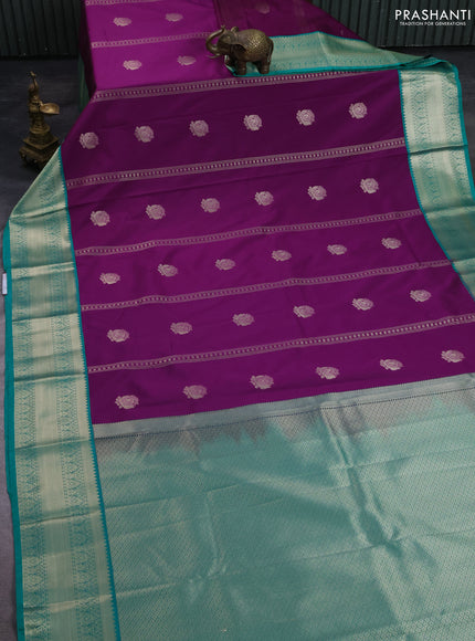 Semi kanchipuram silk saree purple and teal green with allover zari weaves & buttas and zari woven korvai border