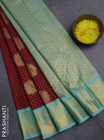 Semi kanchipuram silk saree maroon and teal blue with allover zari weaves & buttas and zari woven korvai border