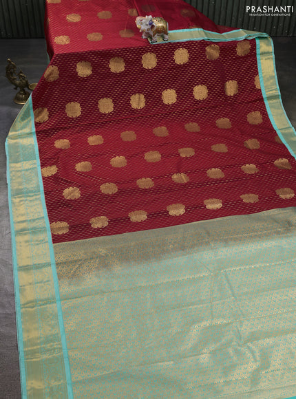 Semi kanchipuram silk saree maroon and teal blue with allover zari weaves & buttas and zari woven korvai border