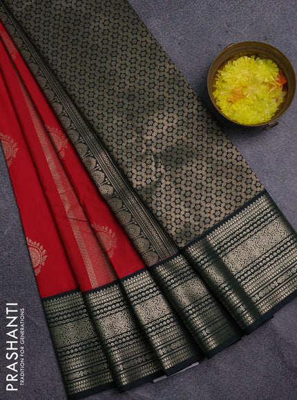 Semi kanchipuram silk saree red and bottle green with allover zari weaves & buttas and zari woven korvai border