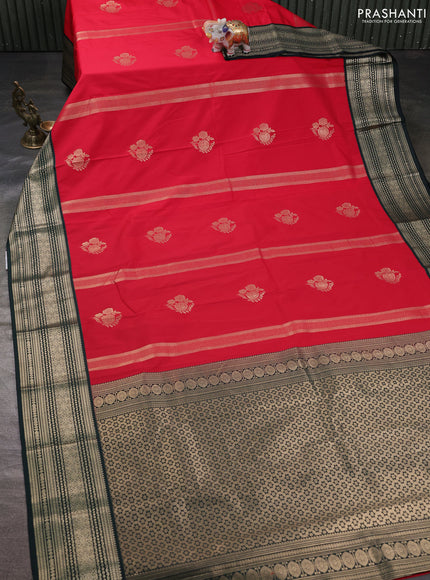 Semi kanchipuram silk saree red and bottle green with allover zari weaves & buttas and zari woven korvai border