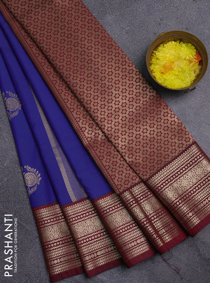 Semi kanchipuram silk saree blue and wine shade with allover zari weaves & buttas and zari woven korvai border