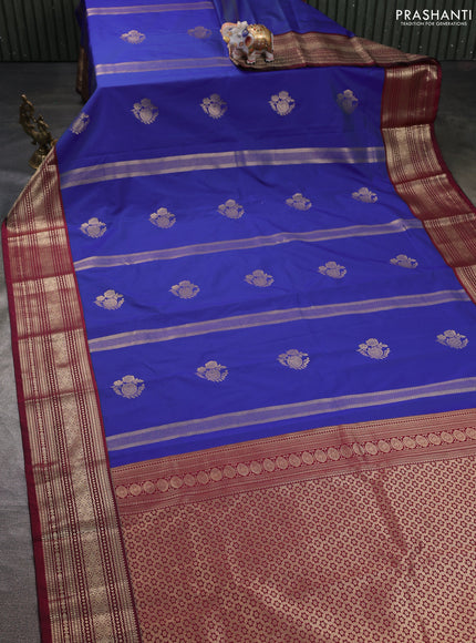 Semi kanchipuram silk saree blue and wine shade with allover zari weaves & buttas and zari woven korvai border