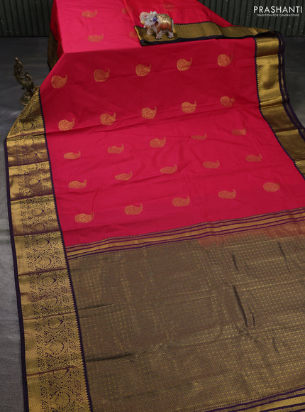 Semi kanchipuram silk saree pink and purple with zari woven buttas and zari woven korvai border