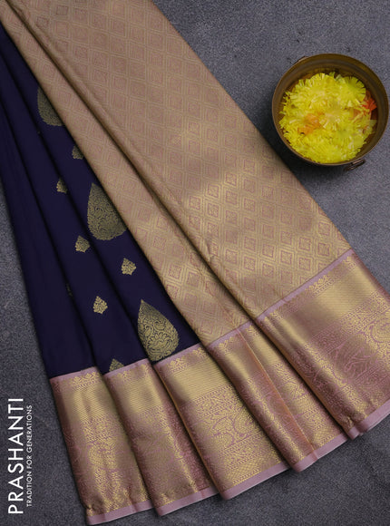 Semi kanchipuram silk saree navy blue and pastel pink with zari woven buttas and zari woven korvai border