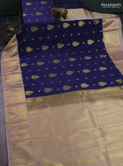 Semi kanchipuram silk saree navy blue and pastel pink with zari woven buttas and zari woven korvai border